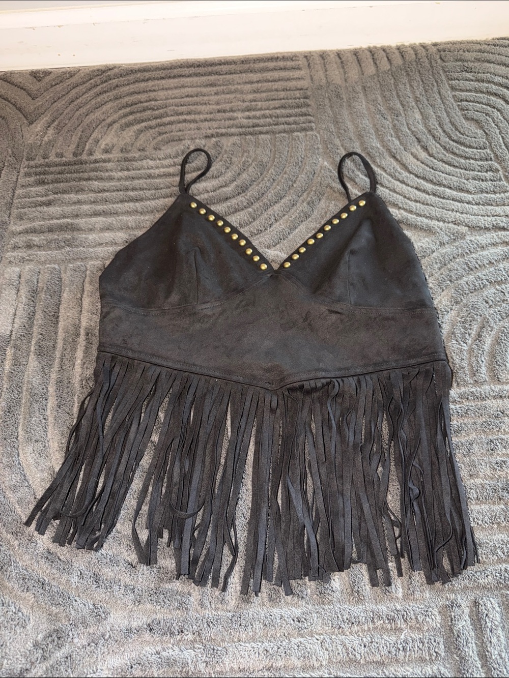 Source Unknown Black Fringe Suede-Look Camisole with Gold Stud Trim